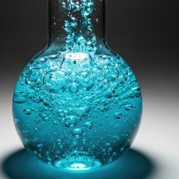 Highly viscous, luminous blue-green substance bubbling intensely in a scientific glass container, reflecting notions of danger and unknown chemistry, luminous, viscous, aqua