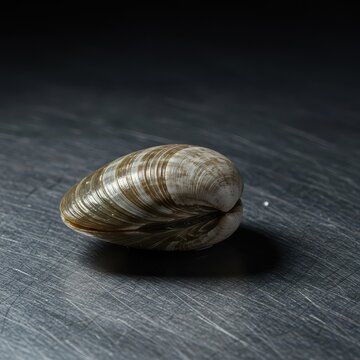 A single fresh raw clam resting on a cold metallic surface creating a strong contrast and sense of isolation, ingredient, studio, aluminum