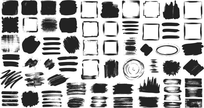 Paint brush strokes. Black vector rough edge rectangles. Grunge square frames set. Jagged edge torn paper background collection. Grungy distressed text boxes. Transparent background EPS version.