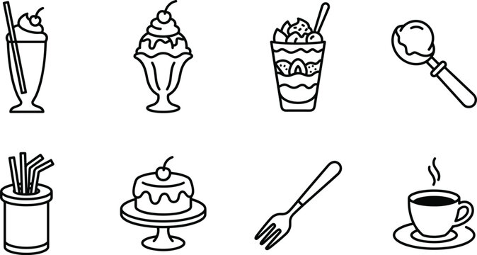 Dessert and Ice Cream Vector Icon Set, milkshake sundae cupcake popcorn spoon jar and sweet snack symbols for cafe menu confectionery and food packaging design projects