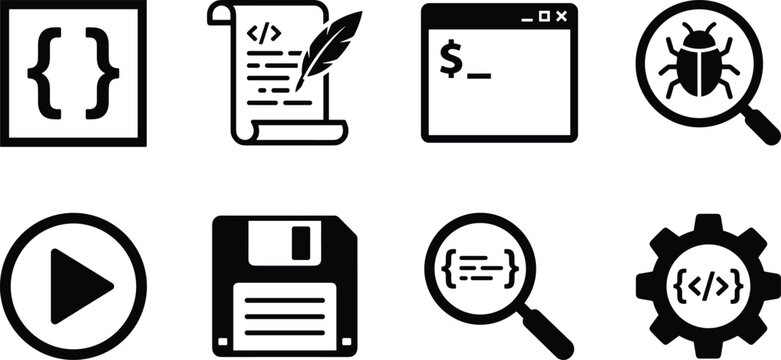 Software Development and Coding Vector Icon Collection, code brackets bug search play button database server and technical configuration symbols for programming and IT solutions