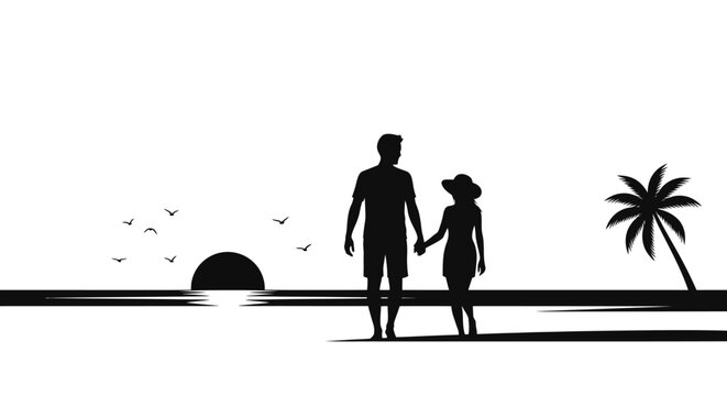Silhouette of a loving couple holding hands walking together.