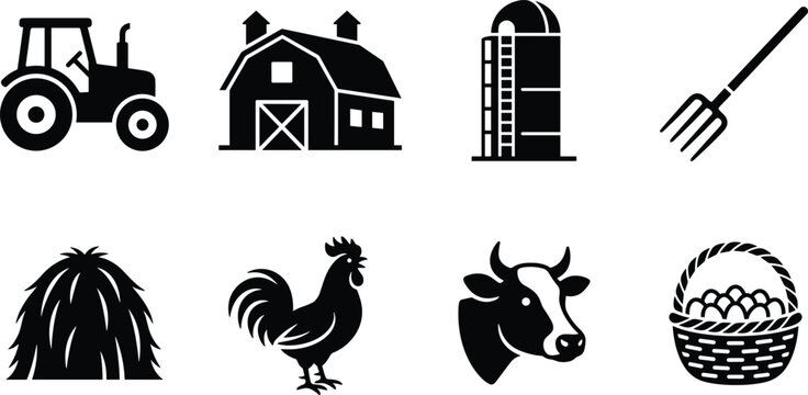 Agriculture and Farm Life Vector Icon Collection, tractor barn windmill haystack rooster cow pitchfork and rural harvest symbols for organic farming and countryside design projects