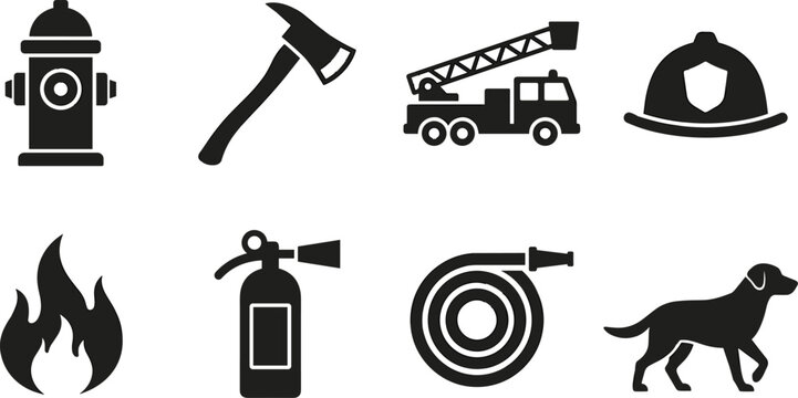 Fire Safety and Emergency Service Vector Icon Set, fire hydrant extinguisher rescue truck alarm flame helmet and protection equipment symbols for prevention and public safety awareness