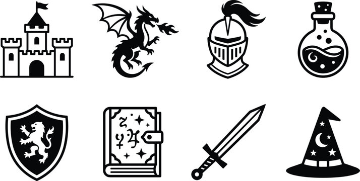 Fantasy and Medieval Heraldry Vector Icon Collection, castle fortress dragon knight shield sword magic potion and royal emblem symbols for fairytale gaming and historical design themes