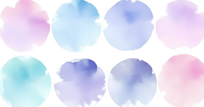 set of colorful speech bubbles, pastel watercolor circles with soft blur on abstract white background, graphic design illustration 