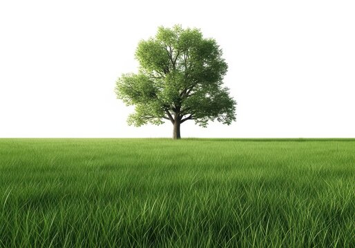 Un grand arbre solitaire au centre d'une vaste prairie verte, isol&eacute; sur un fond blanc pur et net. Id&eacute;al pour les concepts d'environnement, terre, printemps, vert