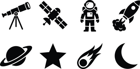 Space Exploration and Astronomy Vector Icon Collection, telescope satellite astronaut rocket planet star comet and lunar symbols for science education and cosmic research projects © ArtMint