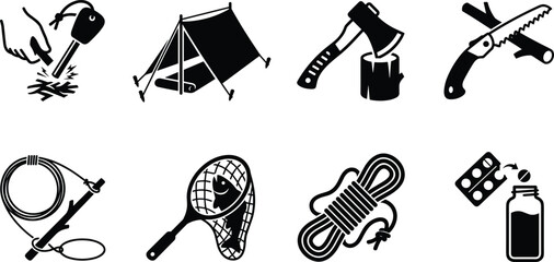 Camping and Outdoor Adventure Vector Icon Set, tent campfire axe rope compass backpack and survival equipment symbols for hiking tourism and wilderness exploration themes © ArtMint