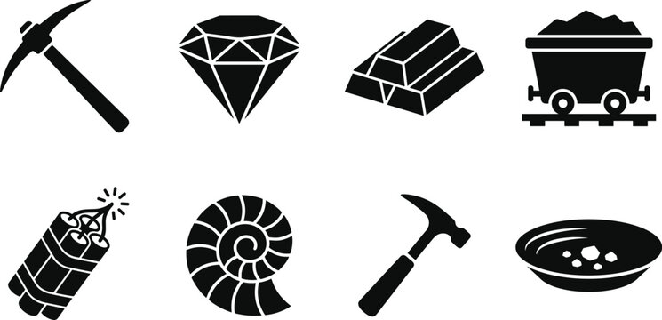 Mining and Natural Resources Vector Icon Collection, pickaxe diamond gold bar coal cart drill fossil shell and extraction industry symbols for geology and excavation projects