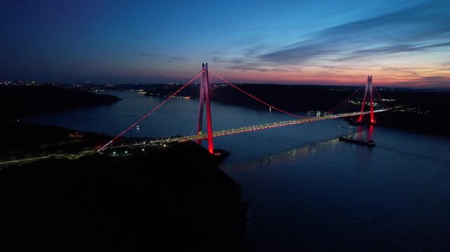 Yavuz Sultan Selim Bridge in Istanbul, Turkey. Aerial view at sunset with drone. Colorful bridge and weather.
