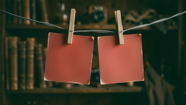 Two Blank Red Cards Hanging on a String Against a Vintage Bookshelf Background