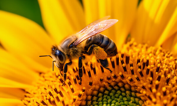 Macro Photography of a Honey Bee Pollinating a Bright Yellow Sunflower in Summer Garden