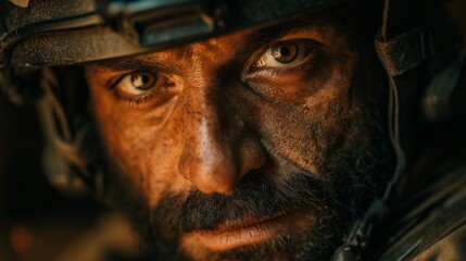 Obraz premium Dusty soldier stares with gritted resolve. Helmet and beard show battle's toll. Eyes hold exhaustion and unwavering focus. Close-up captures raw intensity under harsh light