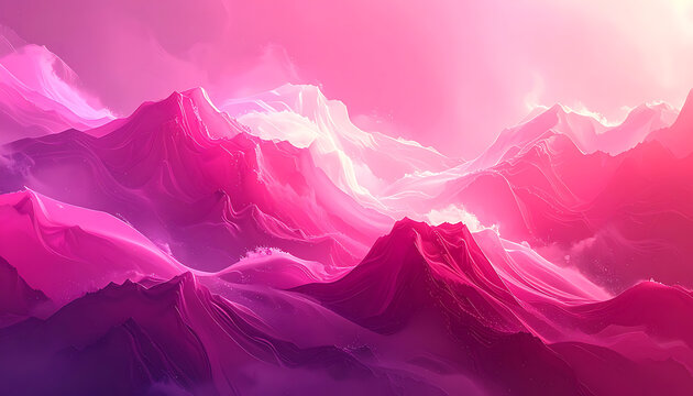 Abstract glowing mountain range landscape with vibrant pink and purple hues, digital art, fantasy realm, ethereal mist, sparkling light particles