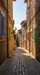 Fototapeta premium A winding, narrow cobbled street leading through an ancient European hillside town, featuring rustic stone walls and bright painted wooden shutters, beautiful, walls, traditional
