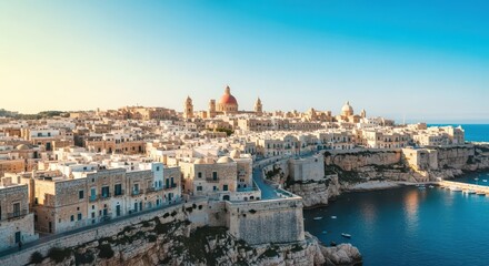 Fototapeta premium Panoramic view of a historic coastal cityscape built on limestone cliffs, featuring dense architecture, domed roofs, and a shimmering blue harbor, traditional, Mediterranean, summer