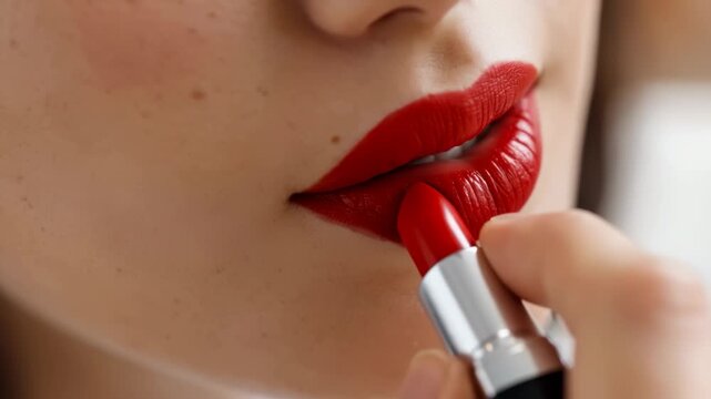 A close-up shows each step of applying bright red lipstick on a woman's lips. The hands carefully shape and color the lips for a polished look on a clear background