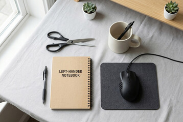 Minimalist desk setup featuring a notebook and tools designed for left handed people