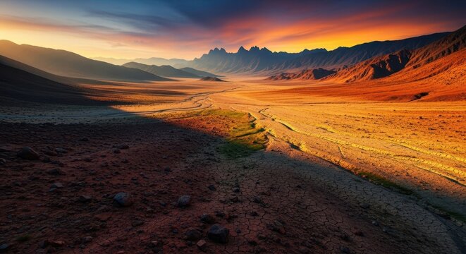 Vast, arid valley floor stretching towards rugged, distant mountain ranges under a dramatic sky. Sunlight illuminates the expansive terrain, adventure, Valley, mountain