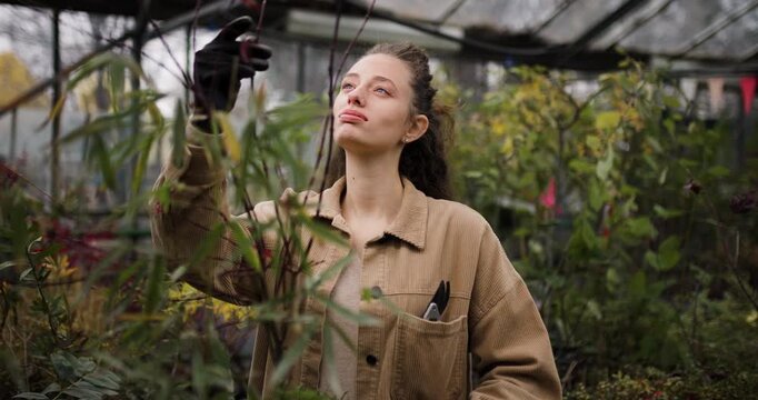 Woman tending to plants in a garden center greenhouse, surrounded by lush greenery and wearing a beige jacket, focused on pruning branches