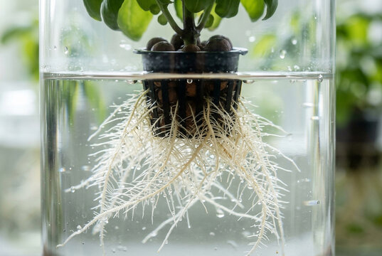 Close up of plant roots growing in clear water hydroponics