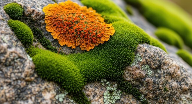 A close-up view of vibrant green moss and lichen clinging tenaciously to the rough, cold surface of a granite boulder in a wild environment, earthy, Hardy, vibrant
