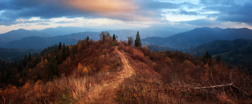Beautiful autumn view in the last rays of the setting sun of a hiking trail and forested Carpathian Mountains in Ukraine, Lviv region, near the village of Slavsko.