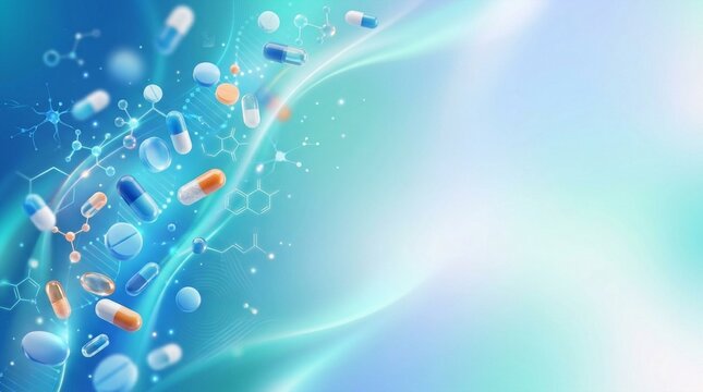 Falling pills and molecular structures on a soft blue-green gradient background