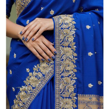 Royal blue silk saree with intricate gold embroidery detailing