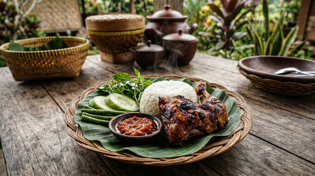 Grilled chicken rice served on banana leaf with fresh cucumber and spicy sambal sauce in a traditional rustic wooden bowl setting for authentic Indonesian cuisine
