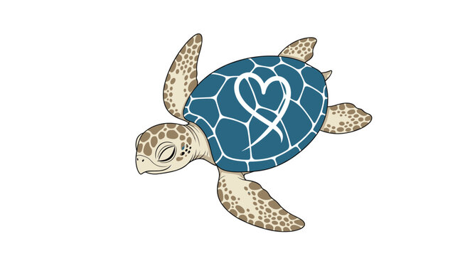 Adorable cartoon sea turtle features a blue shell decorated with white patterns and a heart symbol, swimming gracefully in an ocean theme.