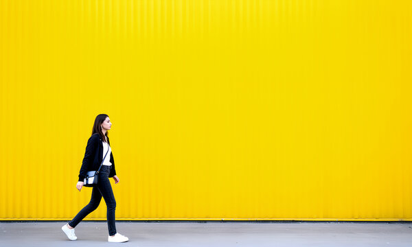 Young woman walking confidently against a vibrant, textured yellow wall with copy space