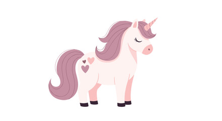 Fototapeta premium Enchanting pink unicorn with a flowing purple mane and heart details stands gracefully, perfect for fairy tale or children?s book designs.