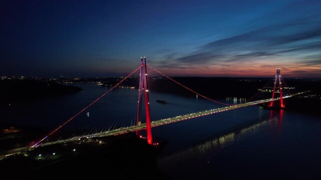 Yavuz Sultan Selim Bridge in Istanbul, Turkey. Aerial view at sunset with drone. Colorful bridge and weather.