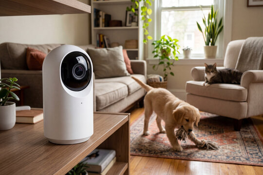 A sleek white smart pet monitor camera stands on a wooden shelf in a living room, tracking a golden retriever puppy playing with a toy and a cat relaxing on an armchair
