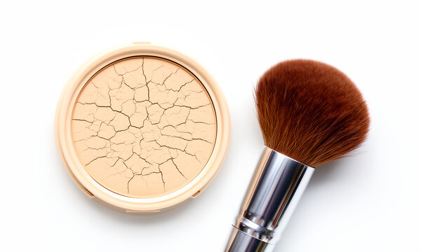 Cracked Pressed Powder Compact with Makeup Brush on White Background