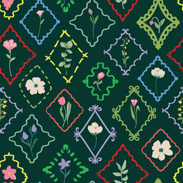 Cottage core, hand drawn framed flowers, leaves, herbs seamless repeat pattern. Vector, botanical aop, all over surface print on dark green background.
