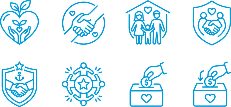 Charity and community support line set featuring hearts hands house protection handshake and donation for non-profit and volunteer work