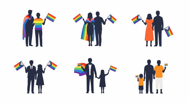 Diverse group of people holding rainbow pride flags, flat vector illustration with clean outlines. Pride celebration concept for LGBTQ+ awareness campaigns, social media graphics,