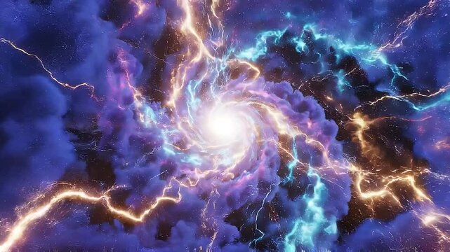 Dynamic explosion of purple clouds and bright orange and blue lightning bolts converging towards a powerful white light source Keywords: explosion, cosmic, vortex, nebula, lightning, storm, energy