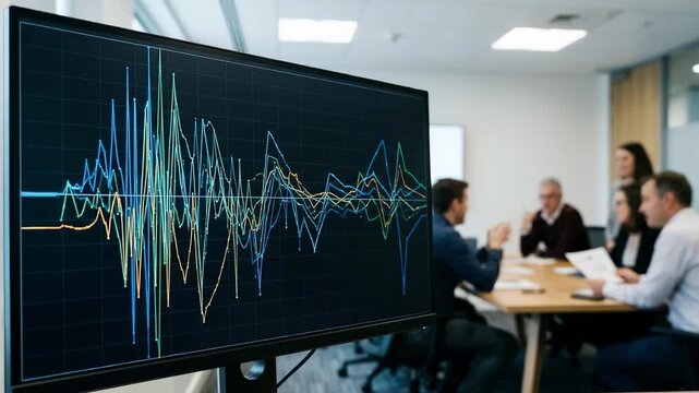 Closeup on detailed quake intensity index curves on a monitor during a reinsurance design workshop with blurred participants in the surrounding room.