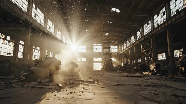 Interior of a derelict abandoned factory or warehouse with broken windows, debris on the floor, and strong sunbeams piercing through the dusty air, illuminating the decay