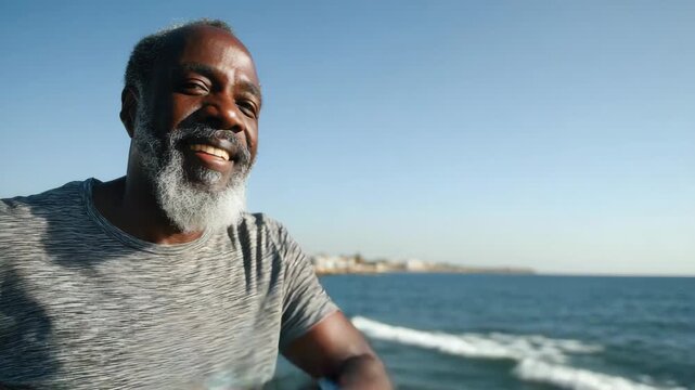 Smiling man in athletic outfit enjoying morning exercise by ocean