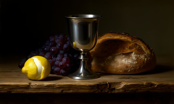 Classic still life with silver chalice, rustic bread, grapes, and peeled lemon on dark wood.