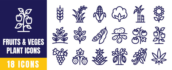 Fototapeta premium Fruits and Vegetables Plant Line Icons Set — Agriculture, Food Crop, Harvest and Garden Produce Symbols for Nature Design