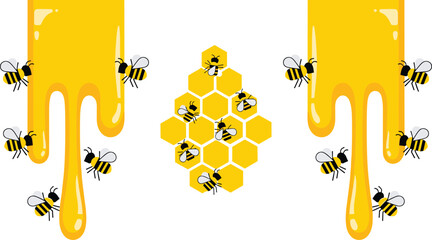 Honey dripping with bees flying around honeycomb cells in bright yellow illustration for nature and food design concepts © Hadiul
