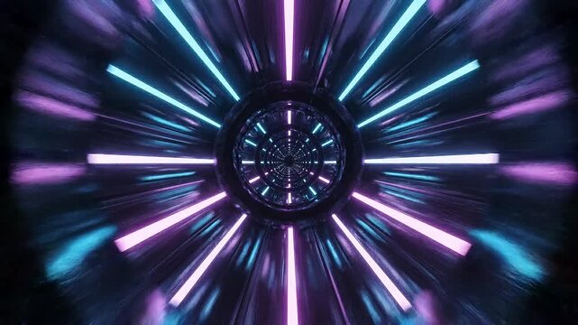 Futuristic digital tunnel or wormhole with glowing neon lights in shades of electric blue and vibrant pink radiating from a central vanishing point, creating a sense of speed and depth Keywords