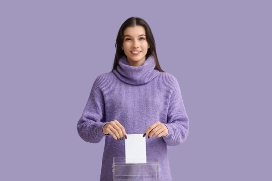 Woman with voting paper on lilac background
