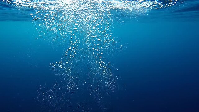 Underwater scene with a column of white air bubbles rising towards the surface in deep blue ocean water Keywords: underwater, ocean, sea, water, blue, deep, bubbles, air, rising, stream, column